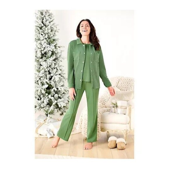 NWT New MUK LUKS Tall 3-Piece Quilted Shacket Lounge Set L Tall Sage Green Snaps - Picture 14 of 16